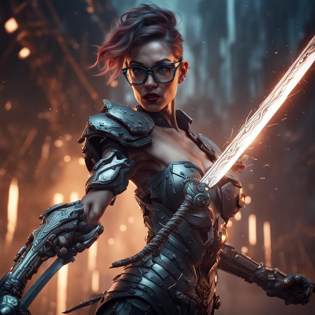 cyborg woman with glasses fighting with a dark silver sword