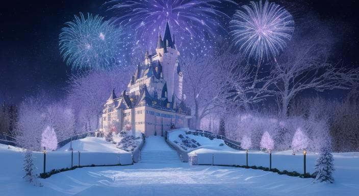 top purple roof castle magical explosion fireworks behind castle Winter ...