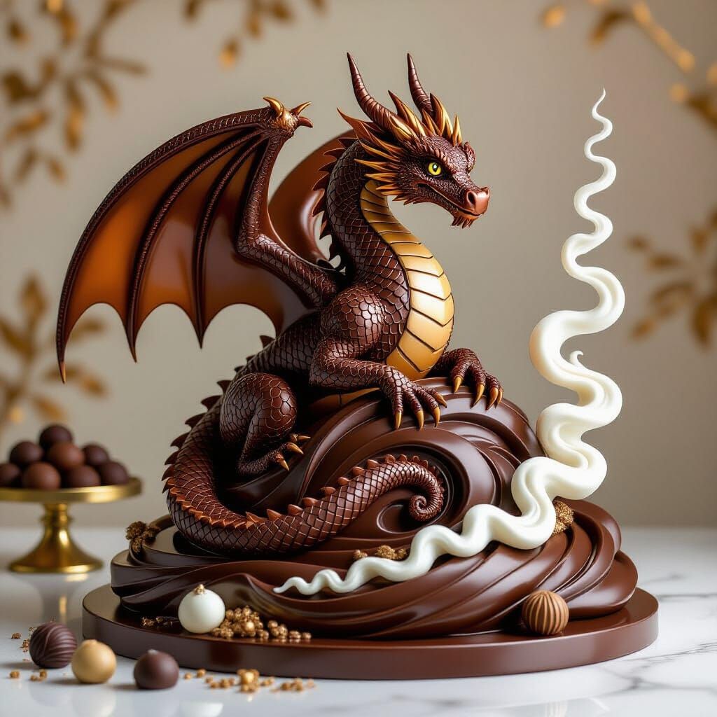 A stunning, hyper-detailed masterpiece of a dragon statue sculpted entirely from rich, glossy chocolate. ...  by @amrellin
