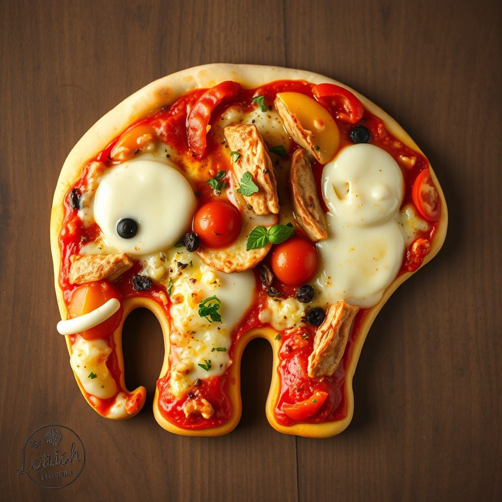 Elephant shaped pizza, melted mozzarella cheese, savory tomato sauce, and various toppings, in a whimsical ...  by @FluffyGlowfish