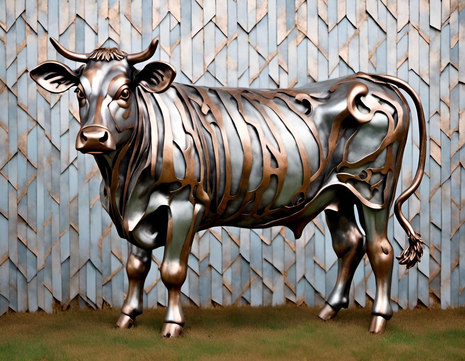  <lora:MetalWorks:1.0> metallic cow, intricate metal farm backdrop