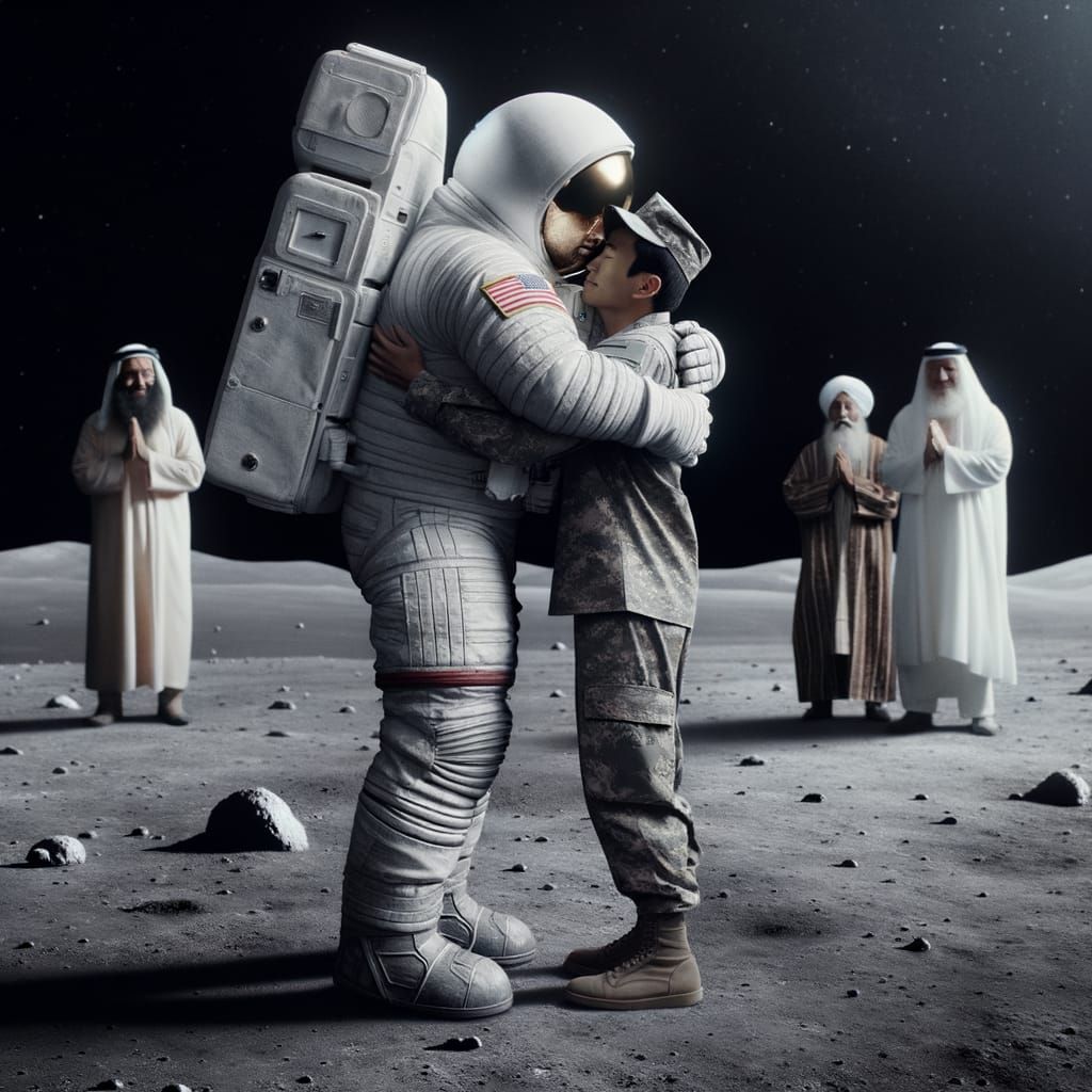 Astronaut and Soldier Embrace on the Moon