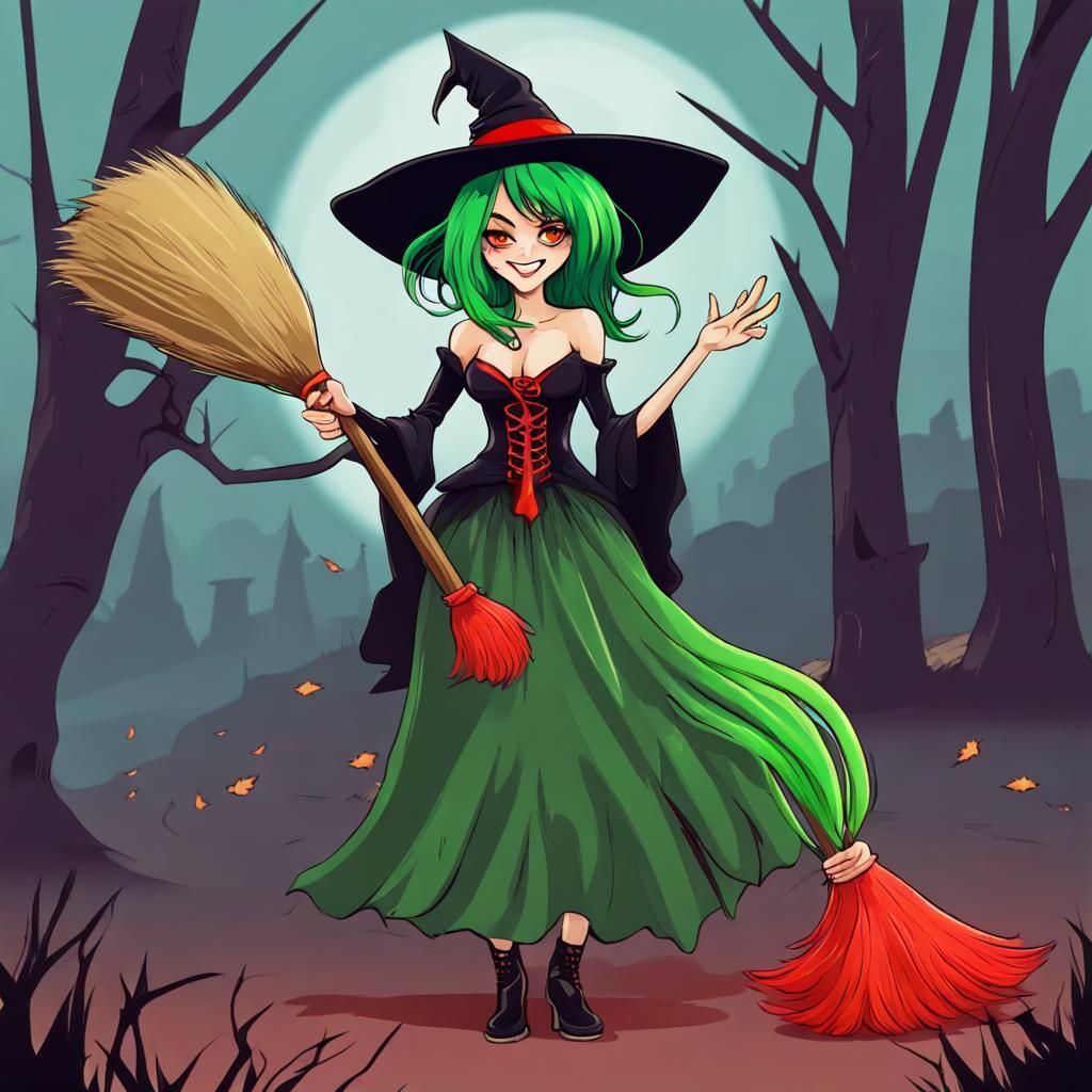 A beautiful mischievous green haired red-eyed witch with her...