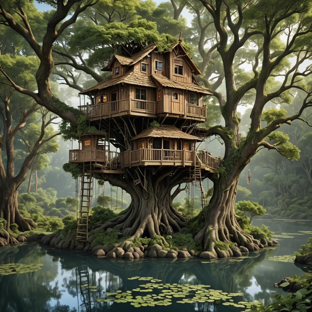 Treehouse, on a tree hanging down from a floating island