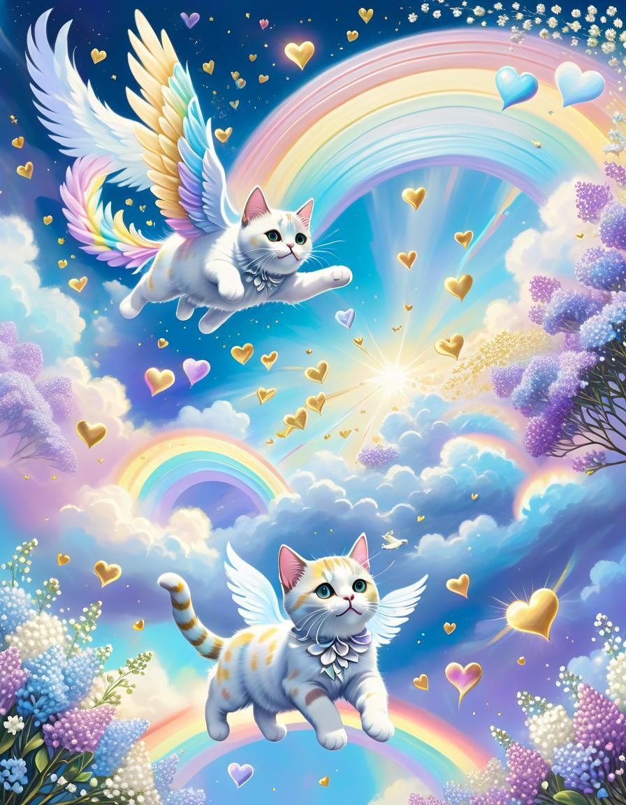 Extreme wide shot of miniature cat angels flying on a mystical sky of rainbows, hearts in extremely light pastel shades of BLUE, SILVER, AND...