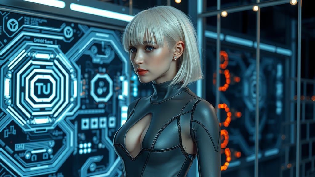Platinum blonde bob cut hair tattooed in hexagon bodysuit in futuristic computer room 