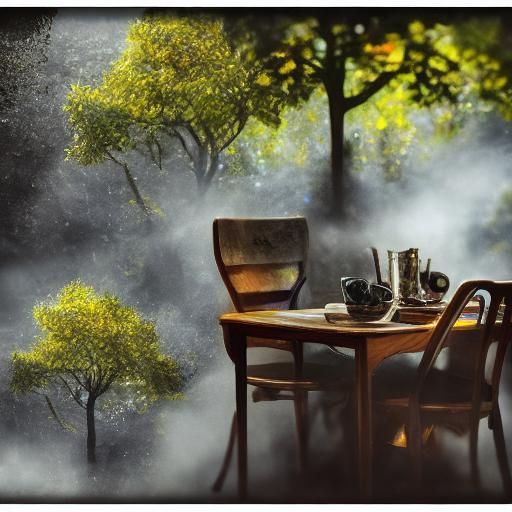 Hyperrealistic Farm Yard Feast with Tea in Mist