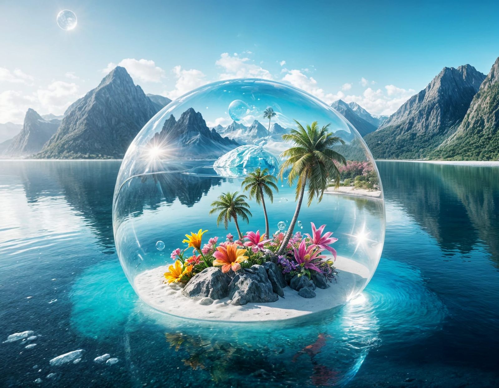Tropical beach with colorful flowers and palm trees perched on an iceberg floating in the water inside ...  by @Gonnutzie
