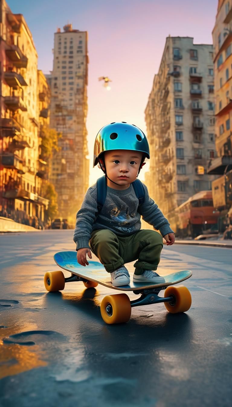 Baby Skateboarder in a Surreal Dreamscape