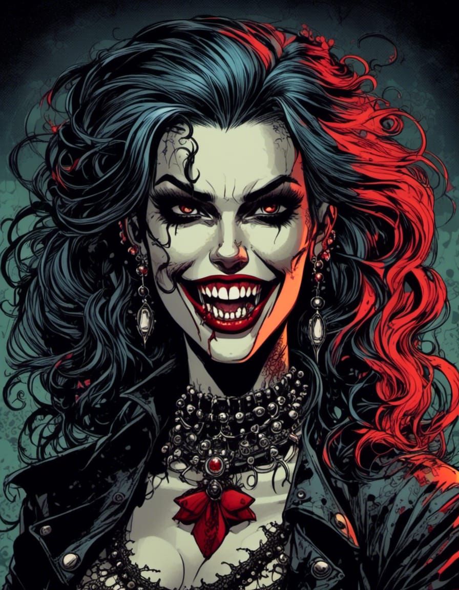 comic-art style portrait of a beautiful gothipunk vampire with fangs woman <lora:Gothipunk Vampires 2:1.0> 