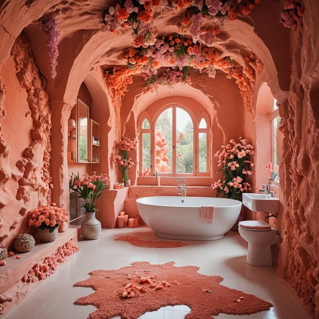 Coral Cave Bathroom with Flowers, Professional Photography