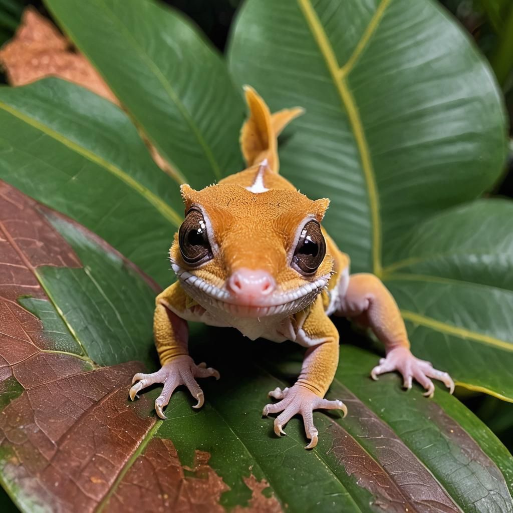 A macro, close-up photo showing a cute crested gecko on a le...