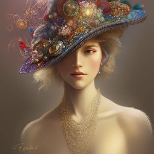 Jeweled Hat Portrait in Art Nouveau Style