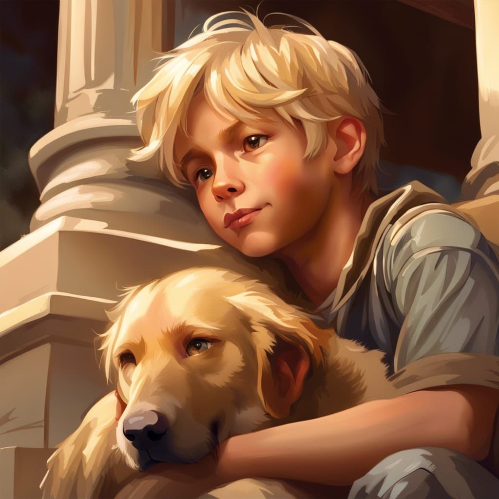 closeup of an adorable blond boy enthusiastically embracing snuggling his dog on the front porch steps ...  by @Pjrockey
