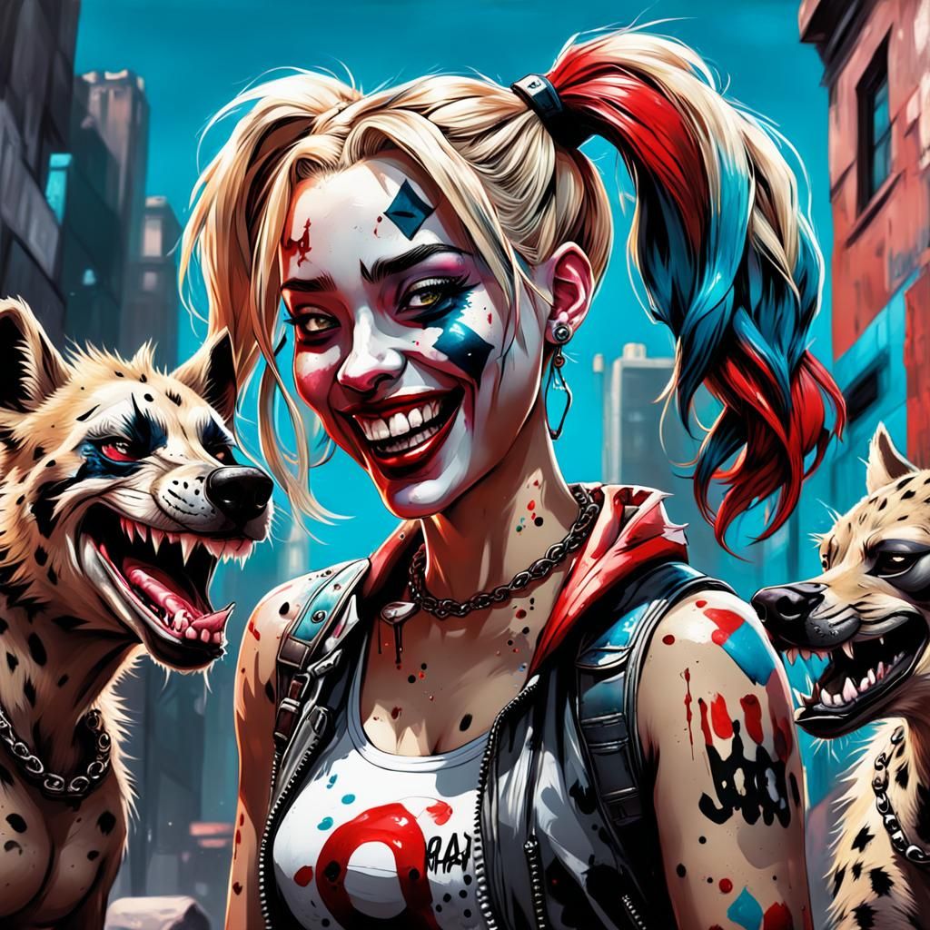 Young Harley Quinn laughing with her hyenas. - AI Generated Artwork