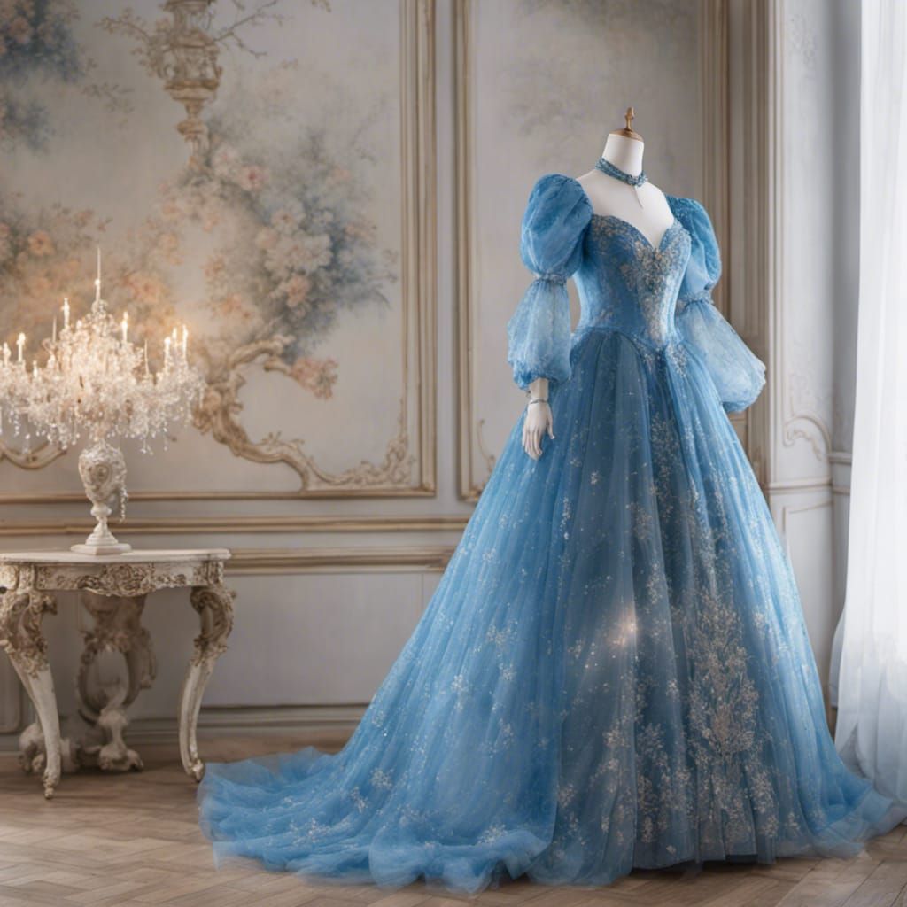 long princess dress on a dress form, blue, sparkling, see tr...
