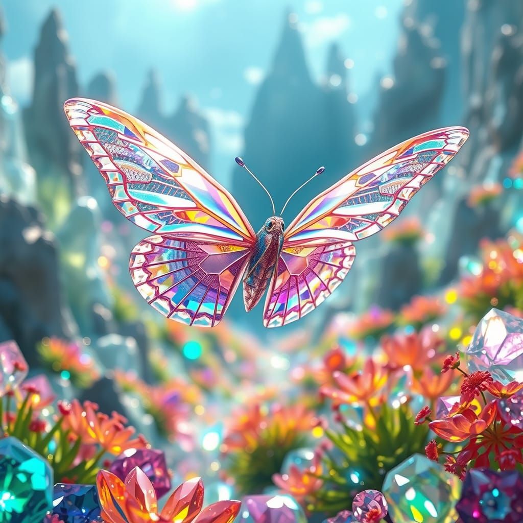 a crystal butterfly flying through a gem valley  by @Kristine