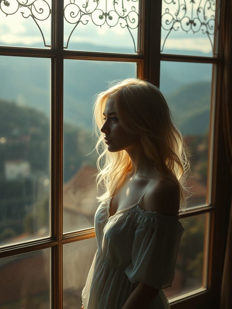 Young Woman Lost in Thought Amidst a Breathtaking Valley Vie...