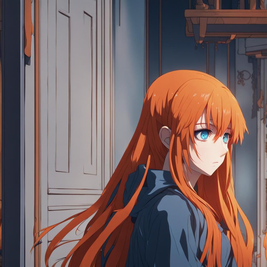 a sad anime girl with long orange hair and deep blue eyes hi...