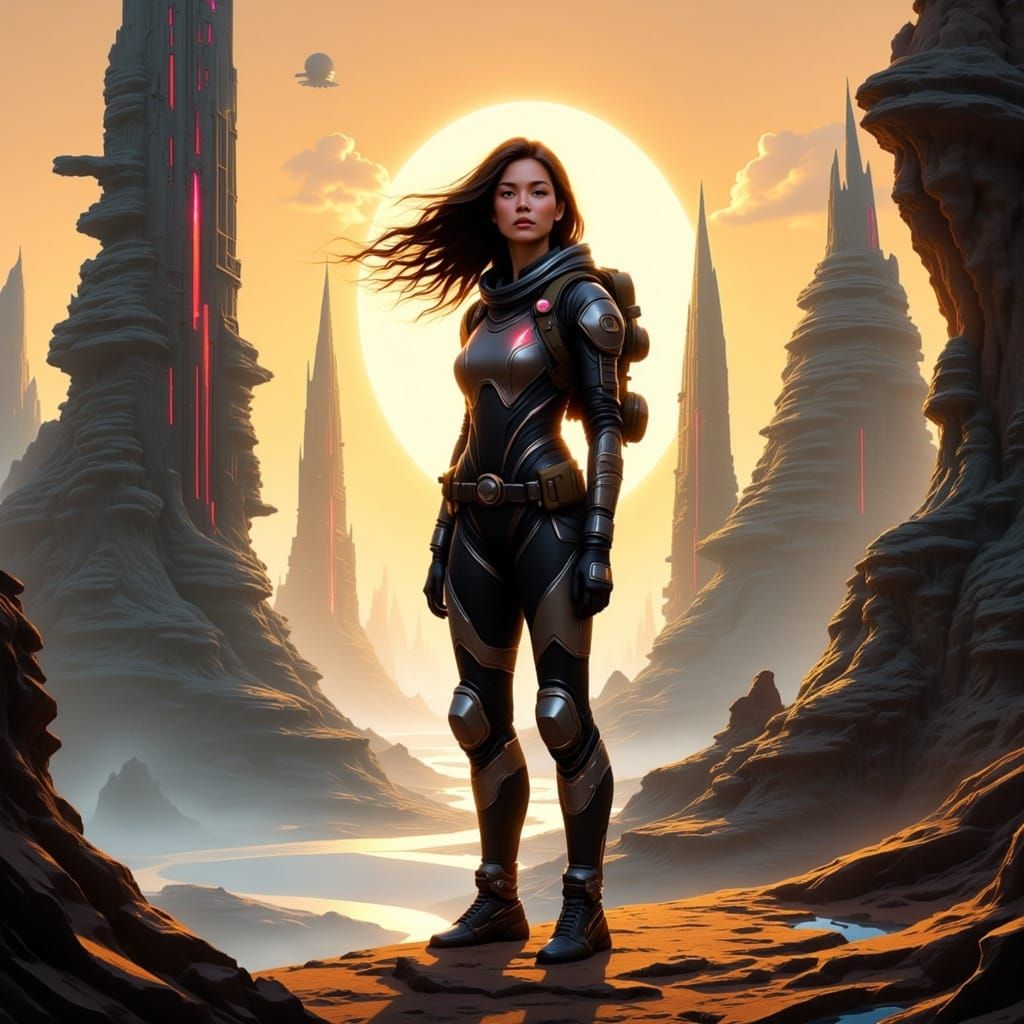 Shari, a fearless space explorer, stands at the edge of a mystical, ancient alien city, with crumbling, iridescent spires that pierce the s...