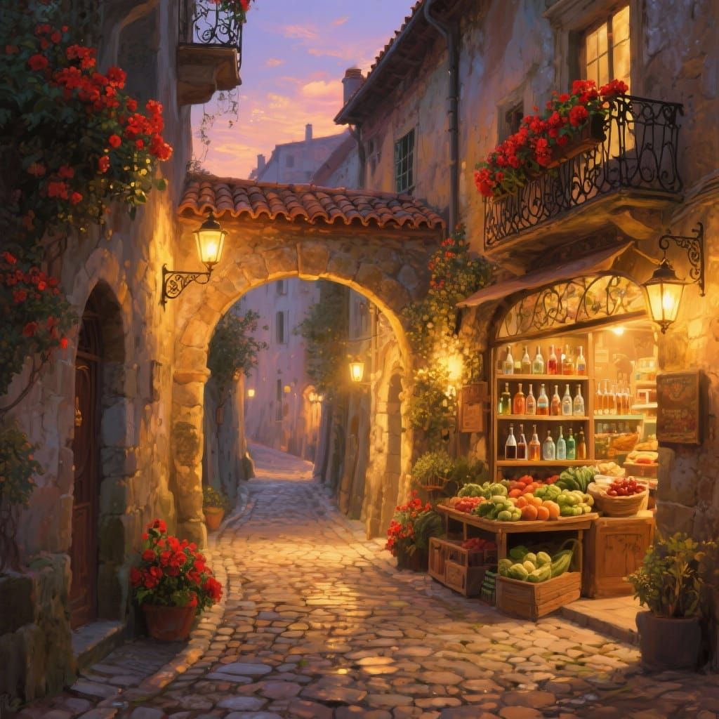 A luminous digital painting capturing a charming, old-world European alleyway bathed in the warm, enchanting glow of twilight. Winding cobbl...