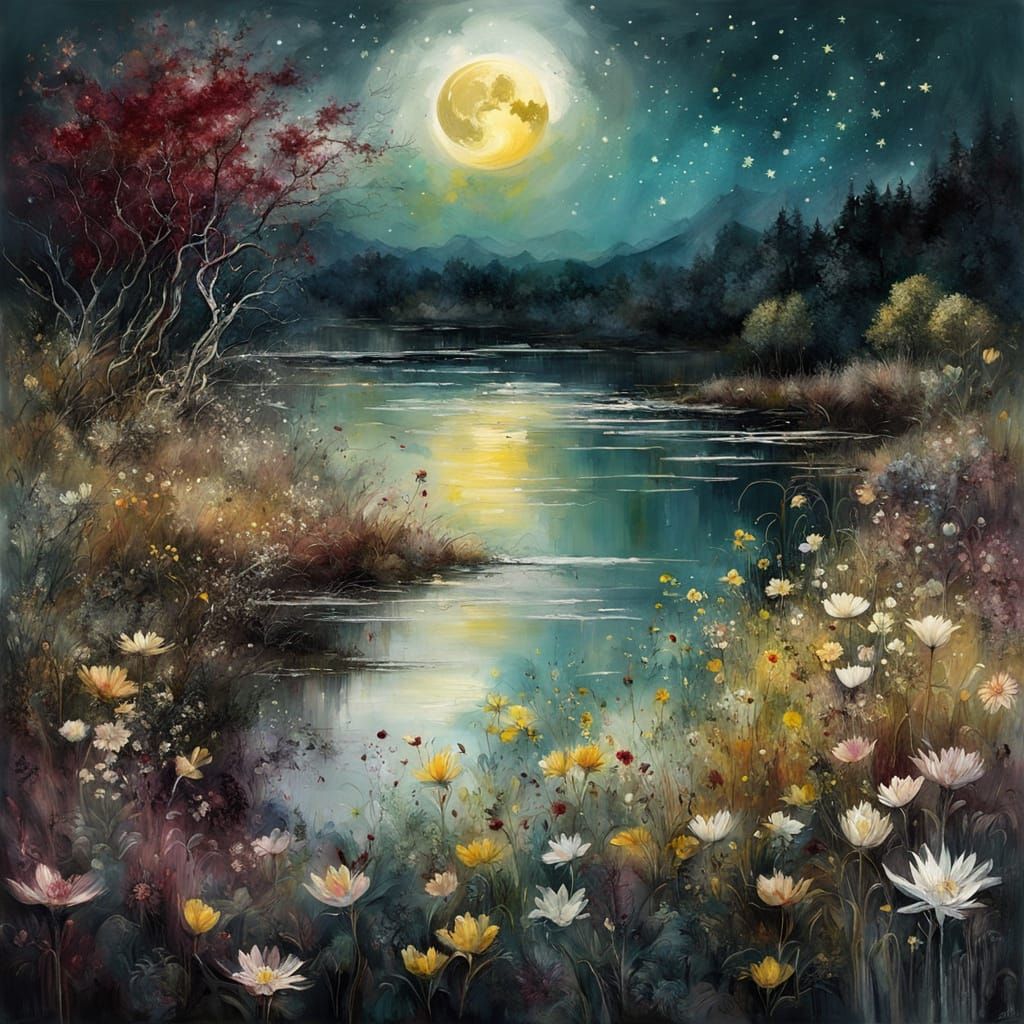 springtime with flowers landscape at full moon and starry night  by @Mapont