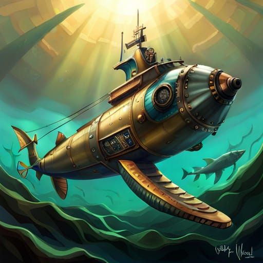 steampunk submarine nonchalantly cruising in the deprhs of ocean - AI ...