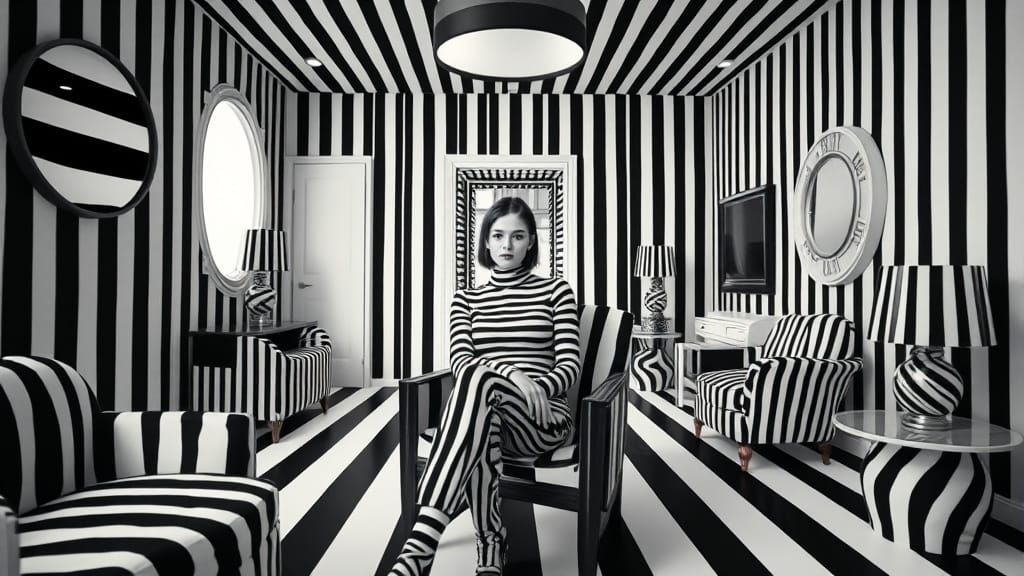 A young woman with a striped face and striped outfit sits in a chair amidst a surreal room where black ...  by @Frank