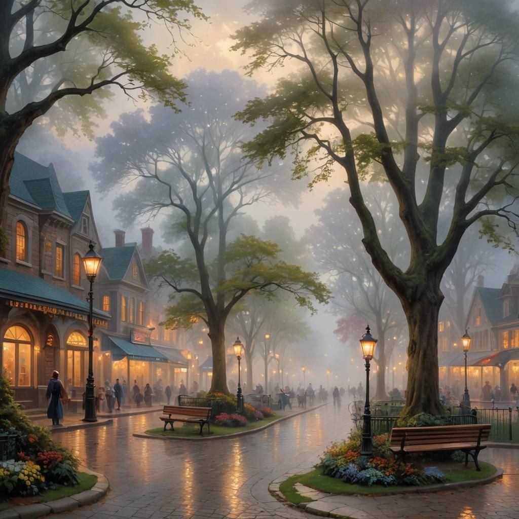 the city square, next to there is a park with young trees th...