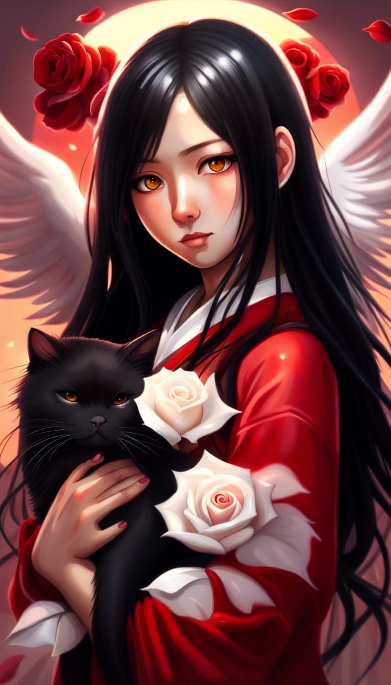 Japanese girl hugging black cat AI Generated Artwork NightCafe Creator