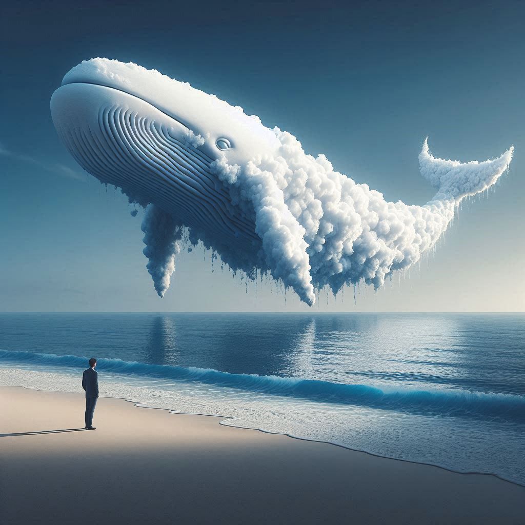Whale shaped cloud floating above a quiet ocean