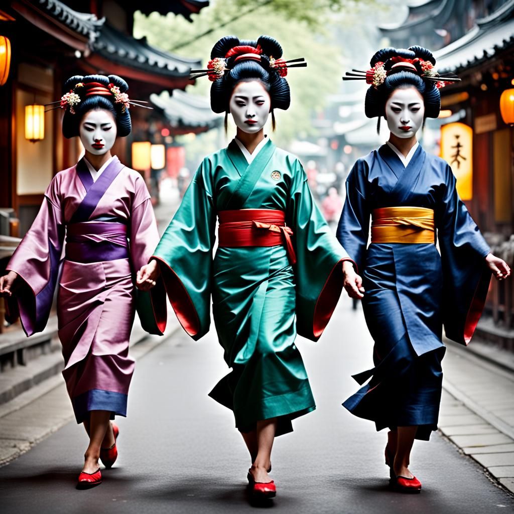 des geishas au rituel de thé Greg Rutkowski motion blur
