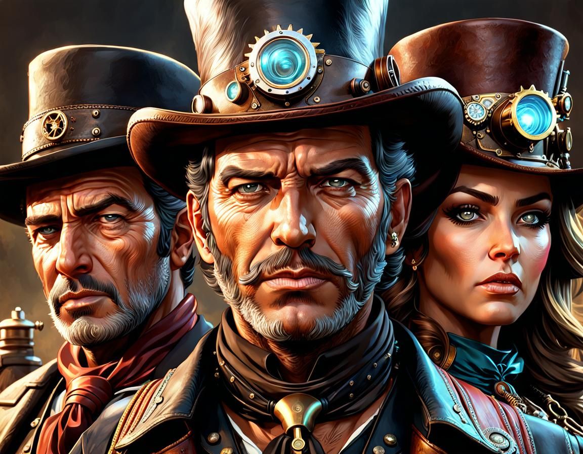 the good the bad and the ugly, centred portrait of three steampunk ...