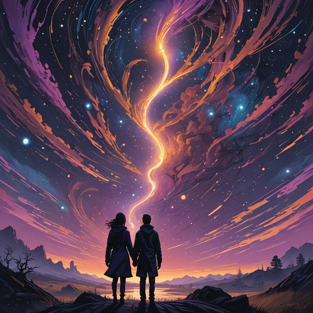  a man and a woman in silhouette with a starry night sky background 