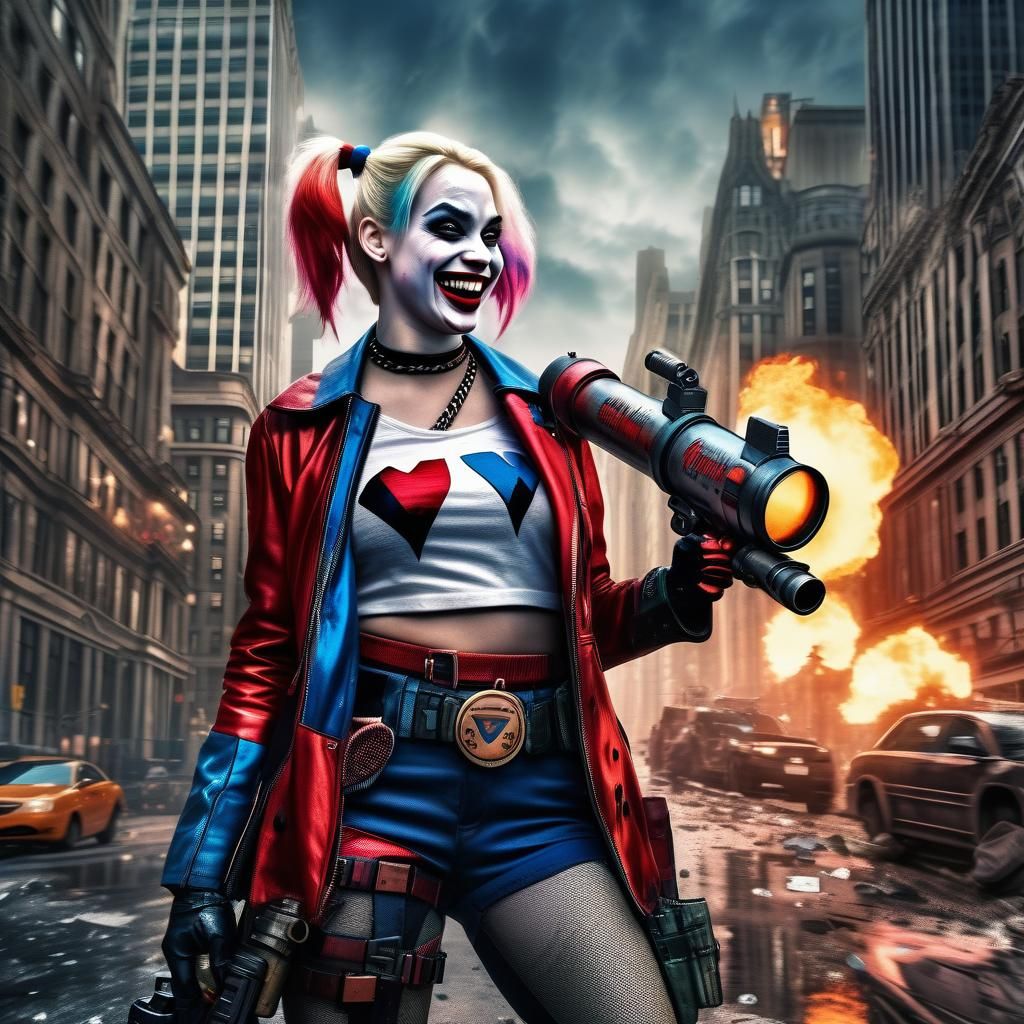 Harley Quinn with a bazooka laughing in Gotham City, beautiful ...