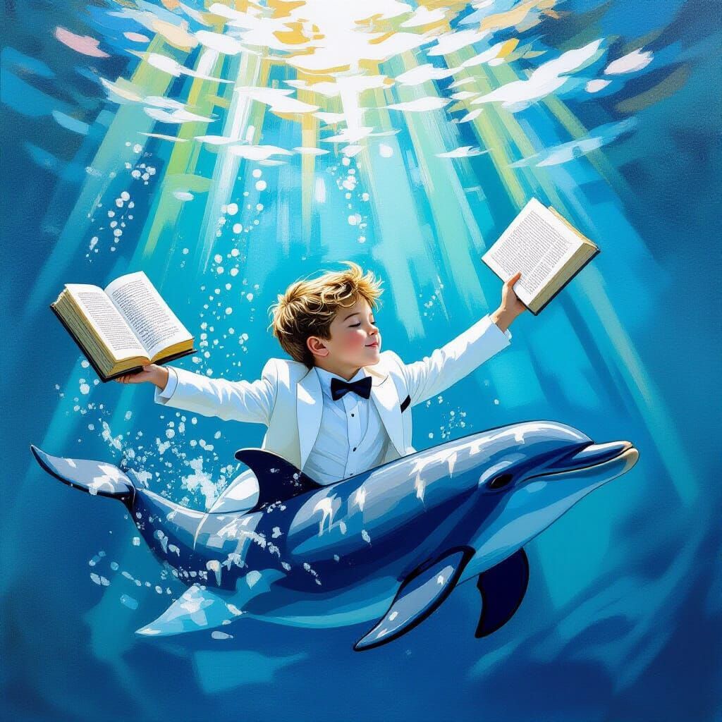 a boy is swimming with a dolphin. The boy is wearing a white tuxedo,...