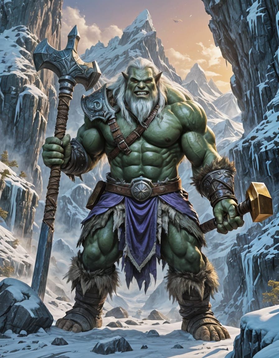 Towering eight-foot-tall orc barbarian with green skin, long wild white hair and a joyous smile, grasping a colossal great hammer with both...