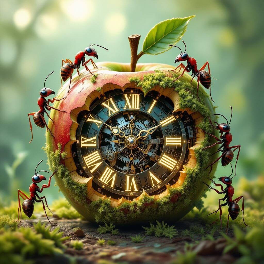A miniature ant colony meticulously building a complex clockwork mechanism within a colossal, moss-covered apple. Tiny gears and levers are ...