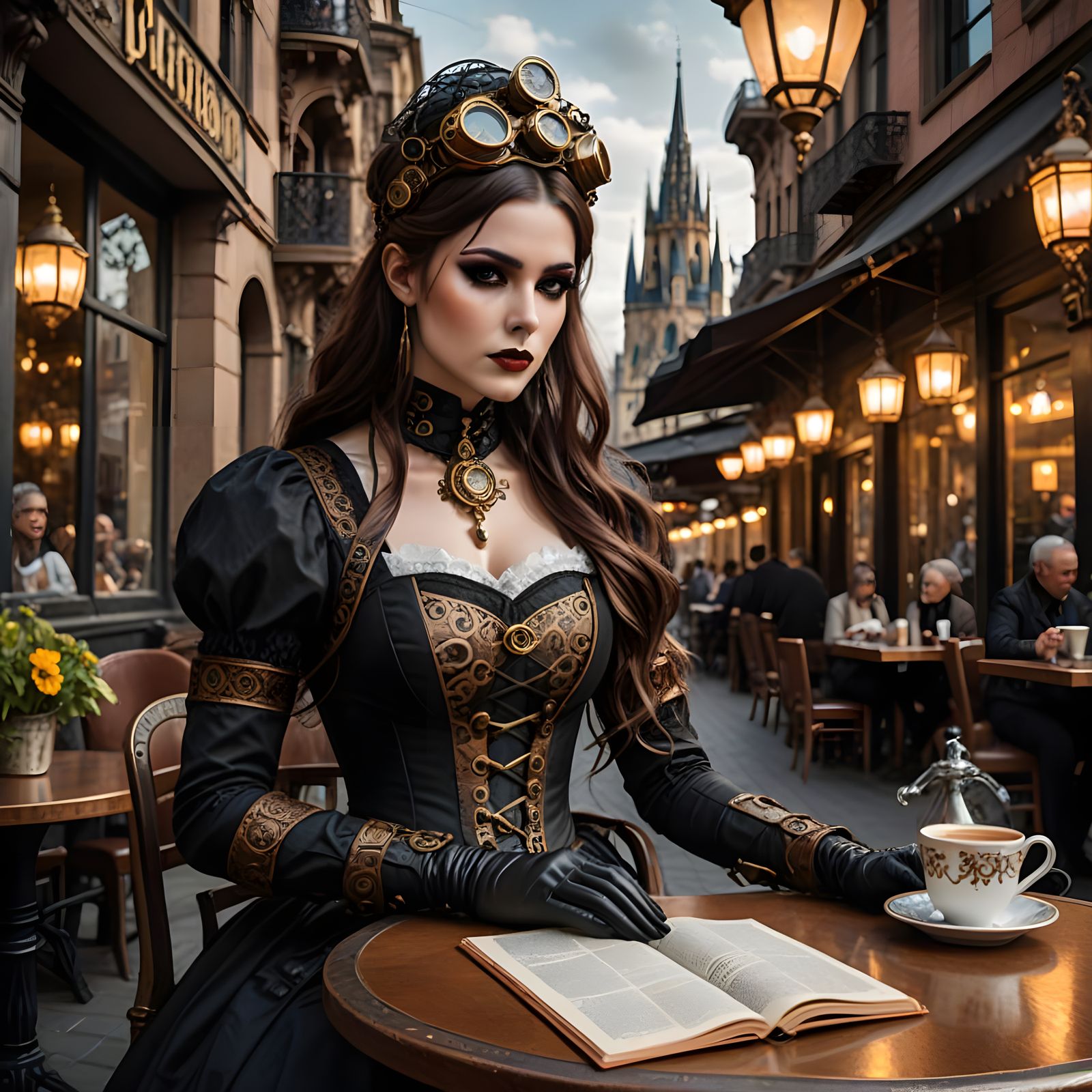 Steampunk Woman at Café in Futuristic City