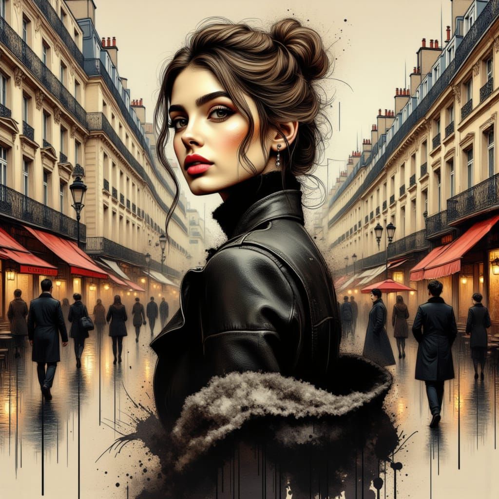 Punky teenage girl in Paris - line art<lora:Beauty-Architecture:1.0>