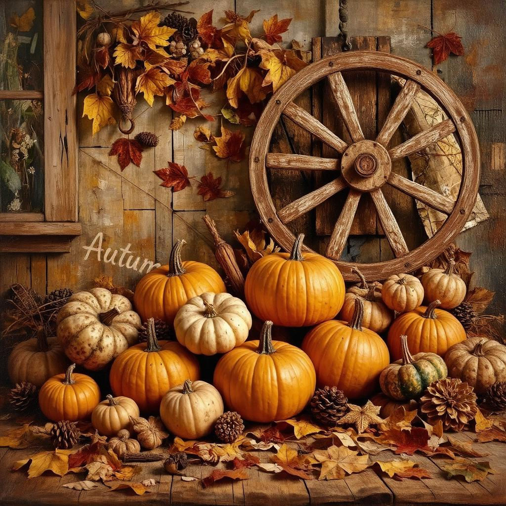 Rustic Pumpkins & Wagon Wheel.