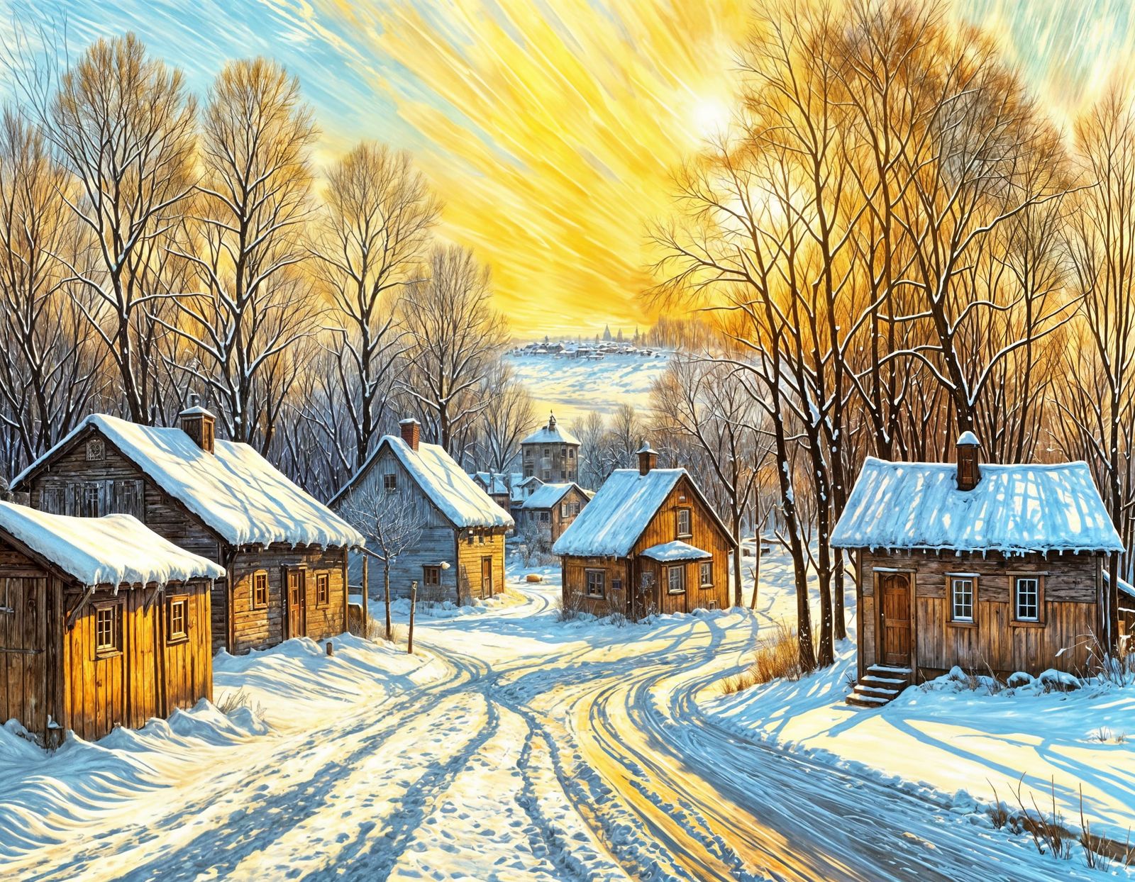 Golden Sunlight on Snowy Russian Village Painting