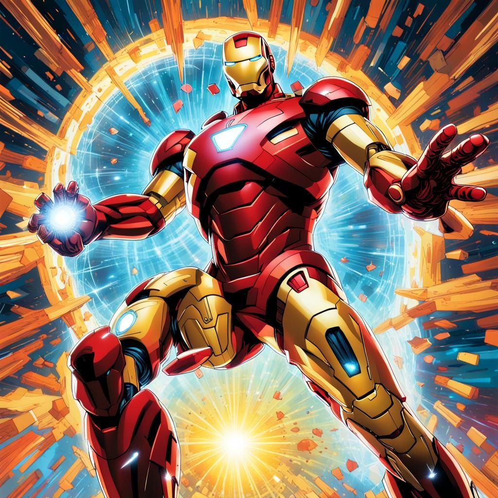 Ironman stands tall, surrounded by a radiant halo of light, with a ...