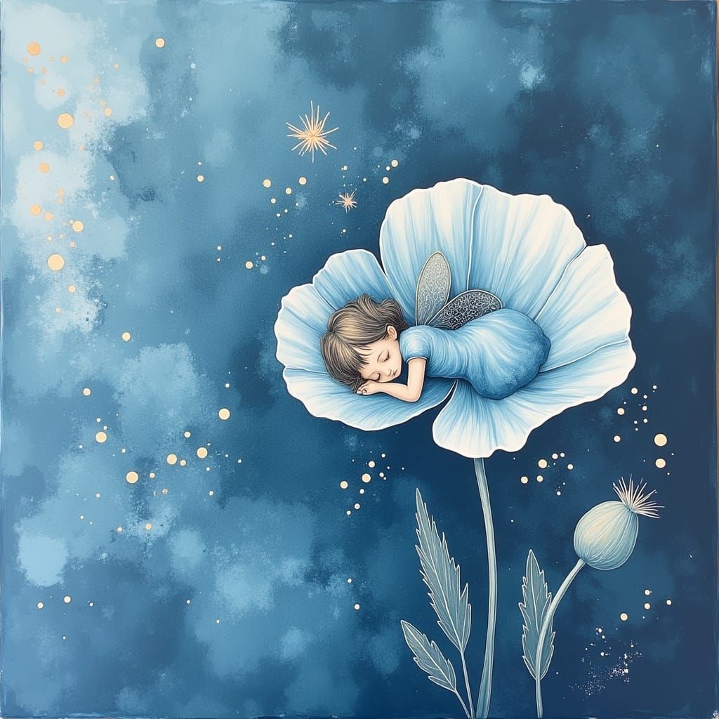 <lora:poppyDream:0.6> a Little peaceful blue fairy sleeping in a Beautiful poppy. The fairy is dressed in blue. The fairy is sleeping. The f...