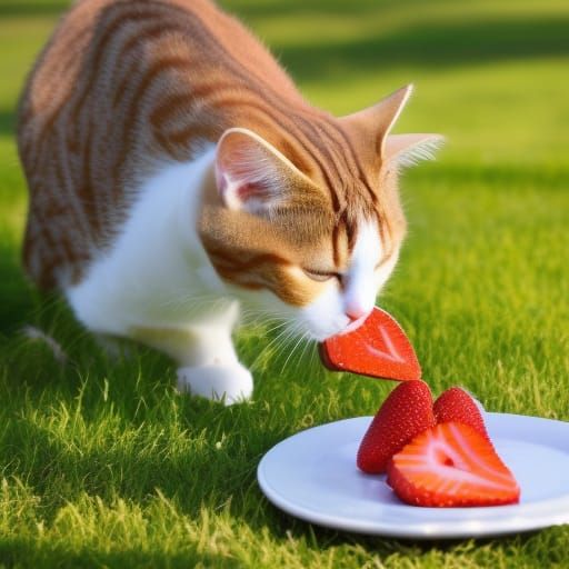 Cat eating, strawberry cake