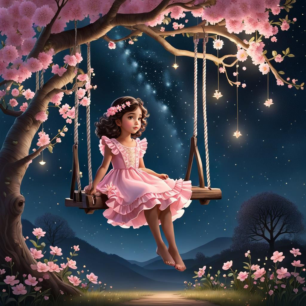 a child wearing a light pink ruffled dress, sitting on a woo...