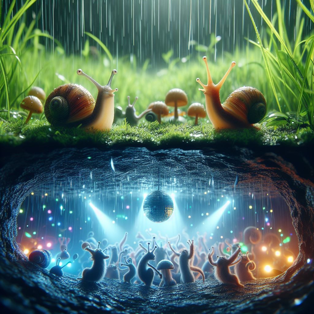 🐌🐞🌧️🎶💃 snails, slugs organizing a disco party during ra...