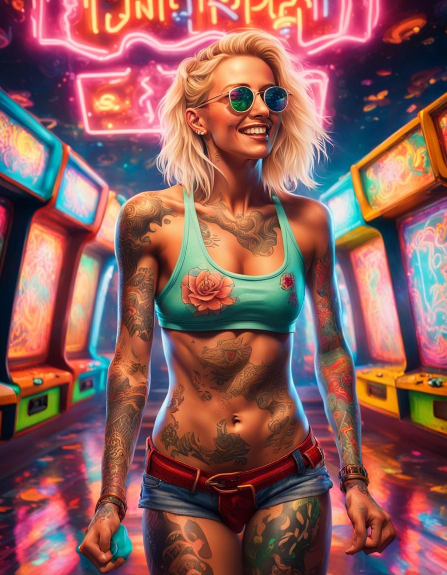 Fun happy blonde bikini woman covered in tattoos in a neon a...