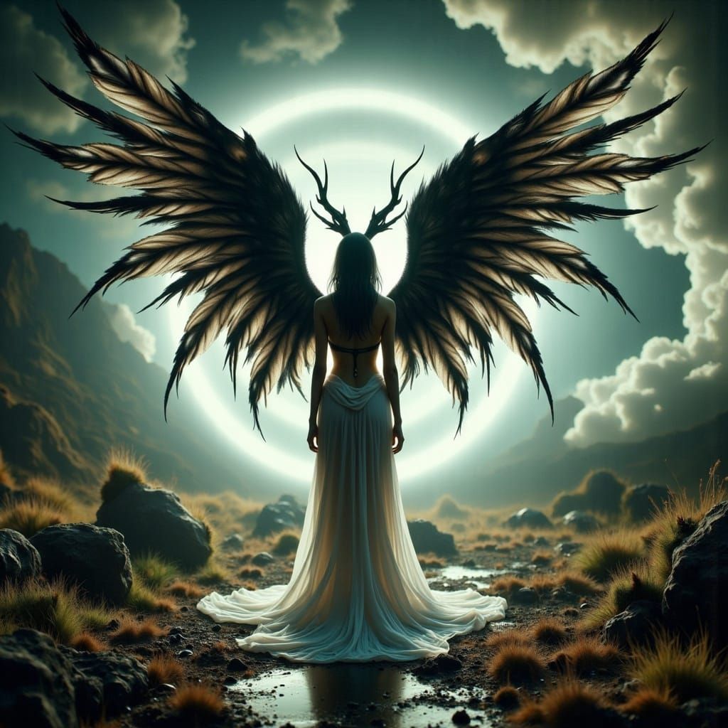 <lora:Abyssal Eclipse Eyes:1.0>  Female Angel and Demon in all their glory in front of the gates of infinity.  vivid, UHD, 8k, ultra vivid,...