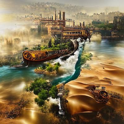 Nile river valley beautiful steampunk hyperrealism poster ar...